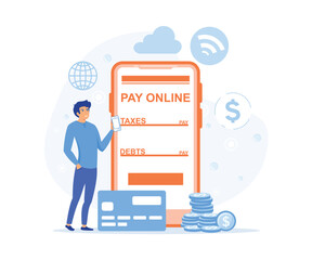 Poster - pay online concept, young man paying taxes and debts on the cellphone apps, flat vector modern illus