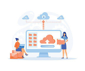 Poster - technology file upload backup on cloud server storage concept. team administrator and developer work