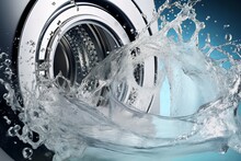 Washing machine drum with clean water flow and splashes. Laundry, washing powder concept, Generative AI 