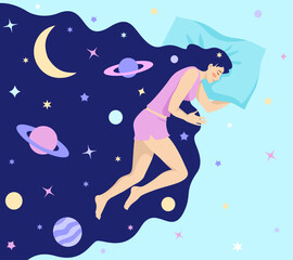Wall Mural - Girl with night dream universe. Woman universe in hair. Modern flat character. Woman character in dream. Abstract astrology concept in flat graphic vector illustration.