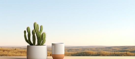 Poster - Realistic illustration of a display podium with a succulent vase books and table for product advertising