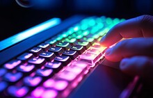 Working On A Neon Computer Keyboard With Colored Backlighting. Computer Video Games, Hacking, Technology, Internet Concept. Selected Focus, Generative AI 