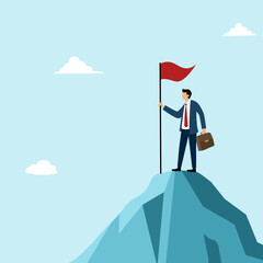 Businessman holding flag on the top of mountain in flat design. Successful leadership businessman.