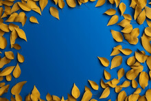 Dry Leaves Surrounding Blue Background With Copy Space, Autumn Season, Yellow Leaves October Session