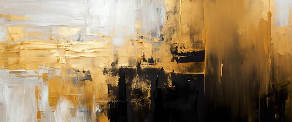 Closeup of textured gold and black painting with brushstrokes. Expressive artistry.