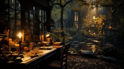 Wall Mural - A dark photo of a lit up desk in the woods,