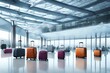 Generate a visually stunning 3D-rendered scene that encapsulates the excitement of summer travel. Focus on a group of traveler suitcases situated in a bright and airy airport departure lounge with exp