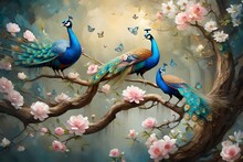 3D Wallpaper , Oil Painting Tree Branch With Flowers , Oil Painting Two Peacock With Small And Large Butterflys
