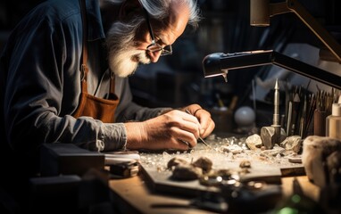 an experienced master jeweler in the process of working on a new unique ring with natural stone.