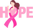 Hope lettering design with pink ribbon and a fighting woman. Breast cancer awareness month. Design for poster, banner, t-shirt. Vector .
