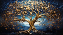 3d Modern Art Mural Wallpaper With Blue Night Landscape With Dark Mountains, Giant Golden Tree And Gold Waves
