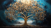 3d Modern Art Mural Wallpaper With Night Landscape With Dark Blue Jungle, Moonlight Background With Stars And Moon, Golden Tree And Gold Waves. For Use As A Frame On Walls 
