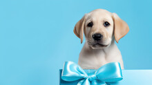 Cute Labrador Puppy In A Gift Box With Ribbon On A Blue Background With Copyspace