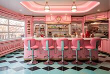 Indulge In Nostalgia: A Vibrant Modern Kitchen With Retro 1950s Diner Vibes, Featuring Chrome Accents, Booth Seating, Vintage Decor, Neon Lights, And A Soda Fountain.