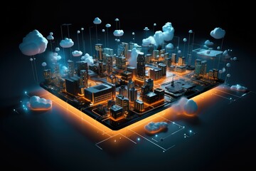 Futuristic lights of the city and cloud networking background.