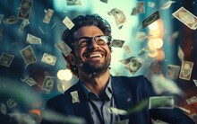 Happy Successful Man Standing Under Money Rain. A Lot Of Dollar Banknotes Falling On Smiling Man. Success And Wealth Concept.. Generative AI