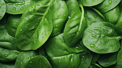 Wall Mural - Green Spinach with water drops background.