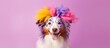 Border collie dog with a playful lilac wig isolated on yellow Amusing puppy in pink wig at a festive event Pet in a muzzle showing emotions Idea of grooming and hairdressing