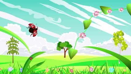 Wall Mural - Lady bug flying animation natural landscape trees. grass green hills background
