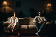 Angry frustrated tired couple sitting separately on home couch in silence, looking away, ignoring, thinking over relationship problems, divorce, breakup, marriage crisis