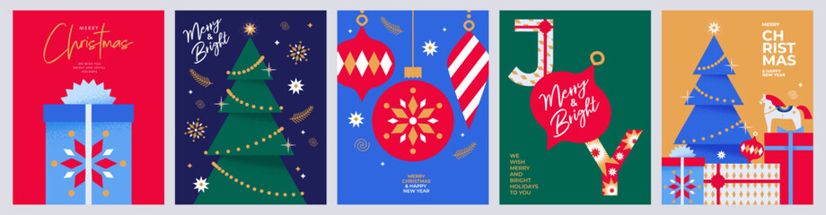 Wall Mural - Merry Christmas and Happy New Year greeting card Set. Modern Xmas design with typography and beautiful geometric snowflakes, Christmas tree, balls and gifts. Minimal banner, poster, cover templates.