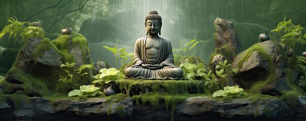 Buddha statue on the shore of a lake in bamboo forest.