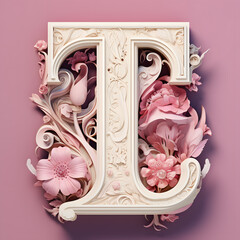 Wall Mural - The Capital letter T in serif font made by art nouveau style in pink flower background