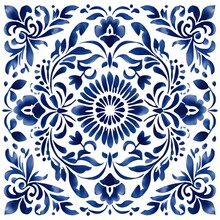 Ethnic Folk Ceramic Tile In Talavera Style With Navy Blue Floral Ornament. Italian Pattern, Traditional Portuguese And Spain Decor. Mediterranean Porcelain Pottery Isolated On White Background