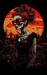 Abstract Grunge drawing of a tattooed psychobilly skeleton female pin-up wearing a leather jacket in a cemetery with Halloween elements, vintage Halloween postcard, horror Halloween style.