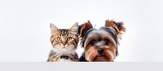 Poster - Closeup portrait of a Scottish Straight cat and Yorkshire terrier isolated on white