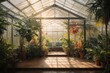 Flower garden in a greenhouse with sunbeams and shadows.