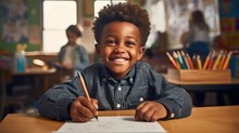 Little Black Boy Doodling On A Desk Of His Classroom.