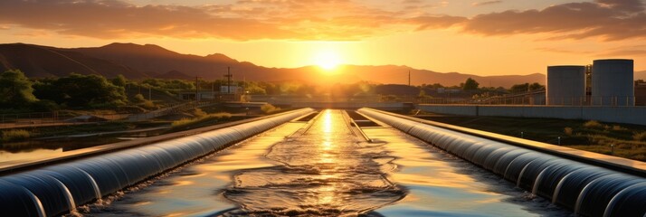 Aufkleber - Sewage treatment plant, A water treatment plant at sunset.
