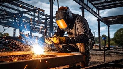Poster - Construction worker weld metal with an arc welding machine at the construction site.