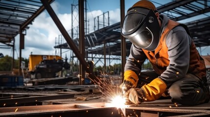 Poster - Construction worker weld metal with an arc welding machine at the construction site.