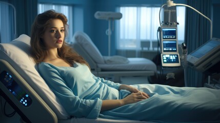 Anxious female patient in hospital bed.