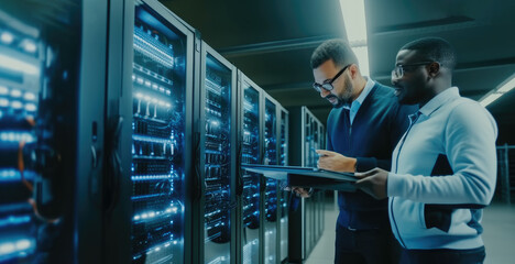 Aufkleber - IT Technician doing work with a Laptop Computer and Black Male Engineer in Data Center, Running Diagnostics or Doing Maintenance Work.