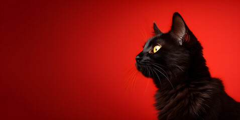 Close up black cat sitting and looking up isolated on red background with copy space