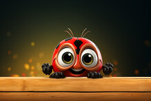 3d Illustration Of Red Ladybug Sitting On Wooden Board Over Dark Background