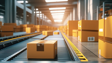 Fototapete - Cardboard boxes moving on conveyor belt in a warehouse.