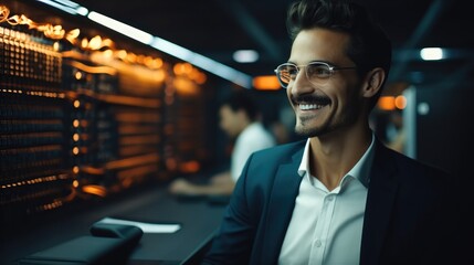 Poster - Computer technician working in server room.