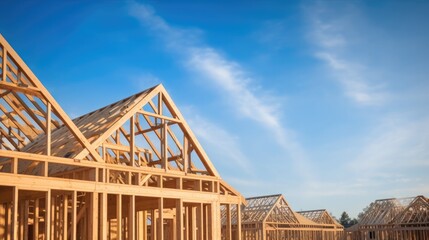 Poster - Real estate, Gabled roof on stick built home under construction, New build roof with wooden truss, Post and beam framework.