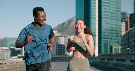 Poster - Fitness, face or couple running in city on road for exercise, training or outdoor workout together. Diversity, runners or healthy athletes on street for sports endurance, wellness or cardio challenge