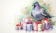 Pigeon With Christmas Tree And Presents. 