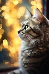 Cute big fluffy gray cat sitting near the window and looking at the blurred lights. Winter cozy background. Christmas and New Year vertical concept. Banner about pets