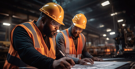 Poster - Industrial workers are working on a project at heavy industry factory.