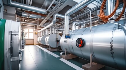 Interior of boiler at industrial factory, Piping, Pumps and motors.