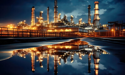 Poster - Modern illuminated refinery is visible at dusk, Lights from the buildings, Oil market prices continuously increasing, World Oil Industry concept.
