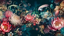 Cool Wallpaper Design With Flowers And An Exotic Bird In Underwater Style