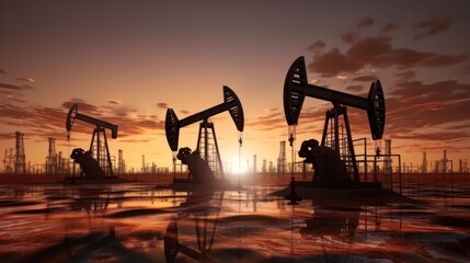Aufkleber - Oil Pumping Jacks on a sunset background, Price war concept, Oil market prices continuously increasing, World Oil Industry.